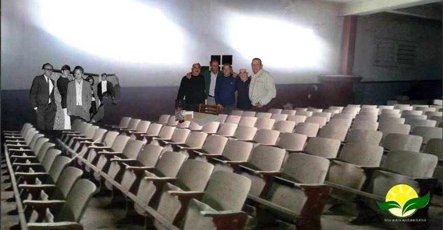 Emocionante foto-montagem no Cine São José, de Muzambinho. À esquerda, o primeiro é Hugo Bengtsson. A turma à direita (colorida): Cláudio Portugal, pessoa não identificada, Marco Antonio Vilas Boas, Rui Cabeludo, pessoa não identificada e João Mula