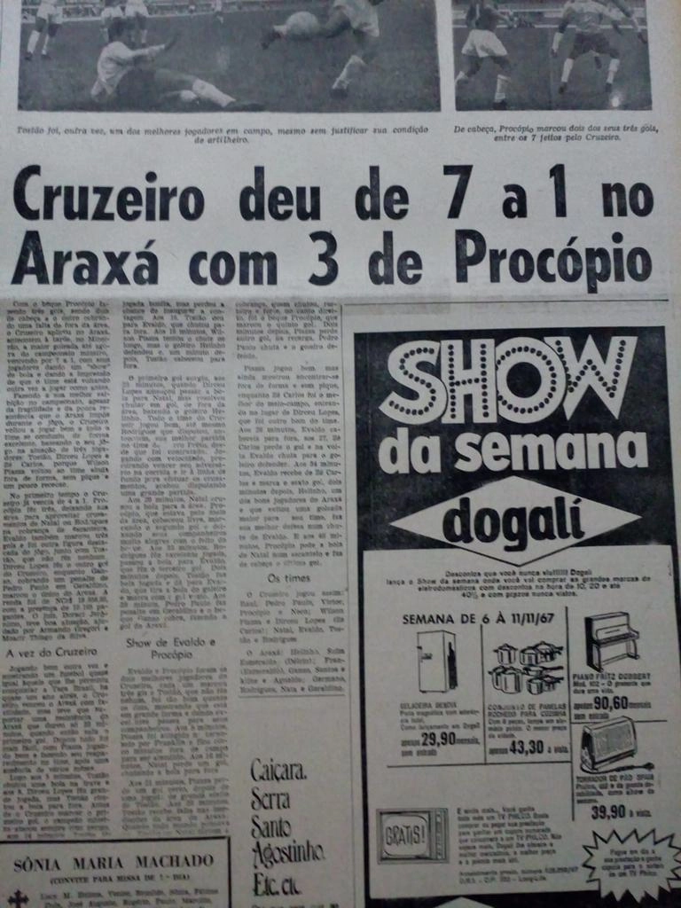 Procópio foi destaque na goleada do Cruzeiro contra o Araxá, marcando três dos sete gols celestes, conforme informou jornal mineiro. Reprodução
