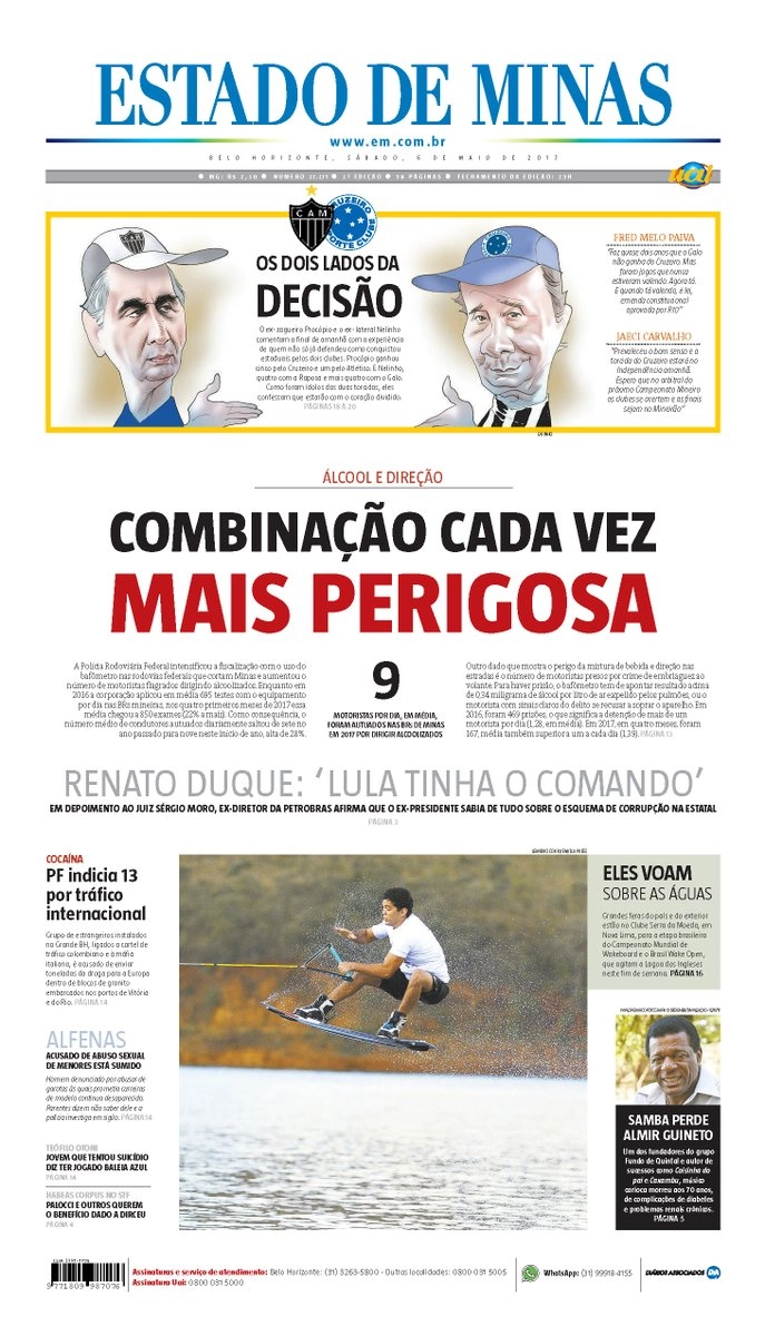 Procópio e sua história com o futebol mineiro na capa do jornal Estado de Minas, em maio de 2017. Imagem: reprodução