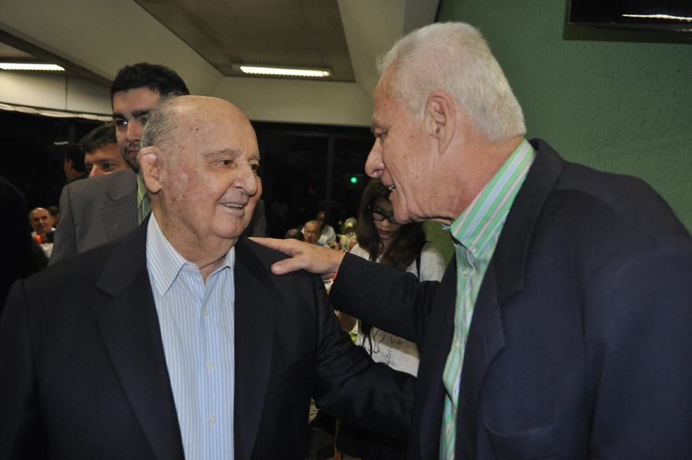 Rubens Minelli e Chicão em 26 de setembro de 2015, na festa de veteranos do Palmeiras, no restaurante do clube. Foto: Marcos Júnior/Portal TT