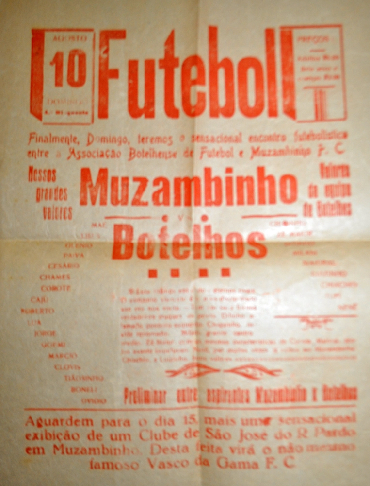 Folheto de divulgação de partida entre Muzambinho e Botelhos, nos anos 50. Entre os jogadores do time muzambinhense, Lua, Corote e Maé