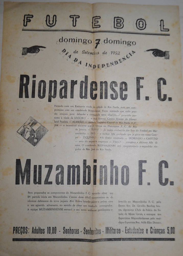 Jogo festivo em 7 de setembro de 1952. Folheto divulgando a partida entre Riopardense F.C e Muzambinho F.C