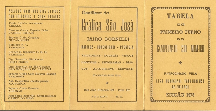 Tabela do Campeonato Sul Mineiro de 1973, com a participação do Esporte Clube Cruzeiro, de Muzambinho