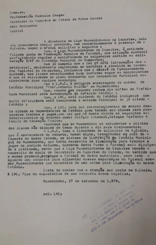 Carta da Liga Muzambinhense de Esportes para a Diretoria de Esportes do Estado de Minas Gerais, em 1979