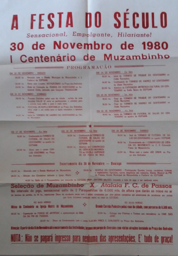 Cartaz anunciando a festa dos 100 anos de Muzambinho, em 1980, com uma programação que ia de 22 a 30 de novembro, incluindo o jogo entre a seleção de Muzambinho e o Atalaia FC, de Passos, no dia 30