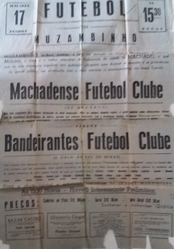 Cartaz anunciando o jogo entre Machadense Futebol Clube, de Machado, e Bandeirantes Futebol Clube, que seria realizado no Estádio Professor Antônio Milhão, em Muzambinho, 