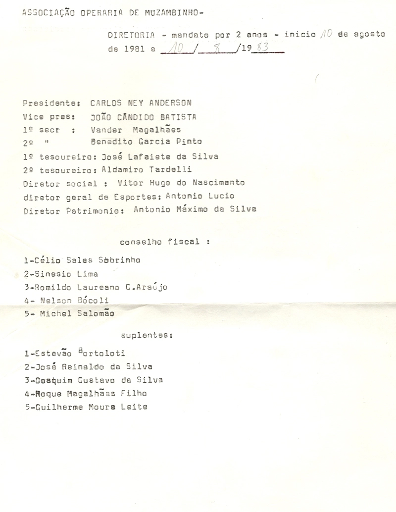 Diretoria da Associação Operária de Muzambinho com início de mandato dia 10 de agosto de 1981 tendo como presidente Carlos Ney Anderson e primeiro secretário Vander Magalhães