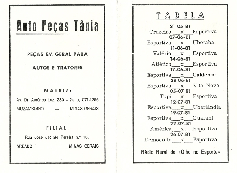 Tabela do Campeonato Mineiro de 1981 com patrocínios de Muzambinho