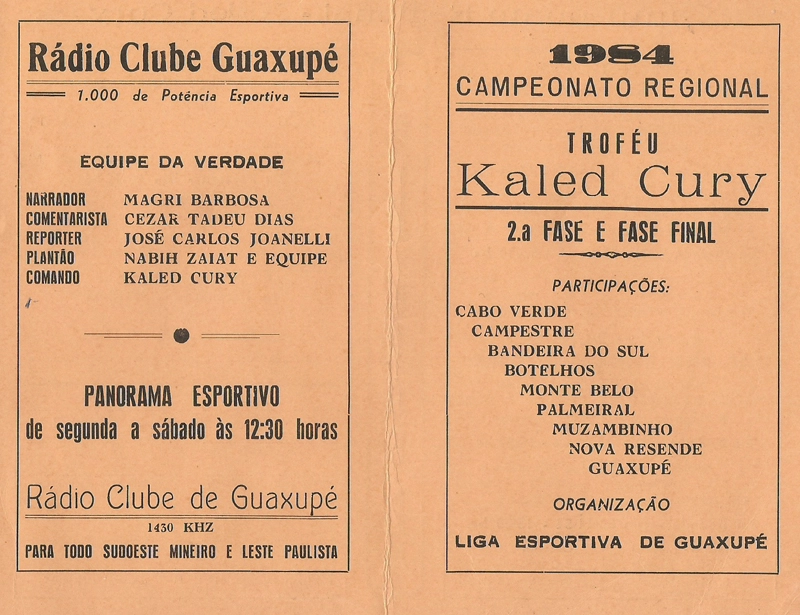 Tabela do Campeonato Regional de Minas, Troféu Kaled Cury, de 1984, com a participação de Muzambinho