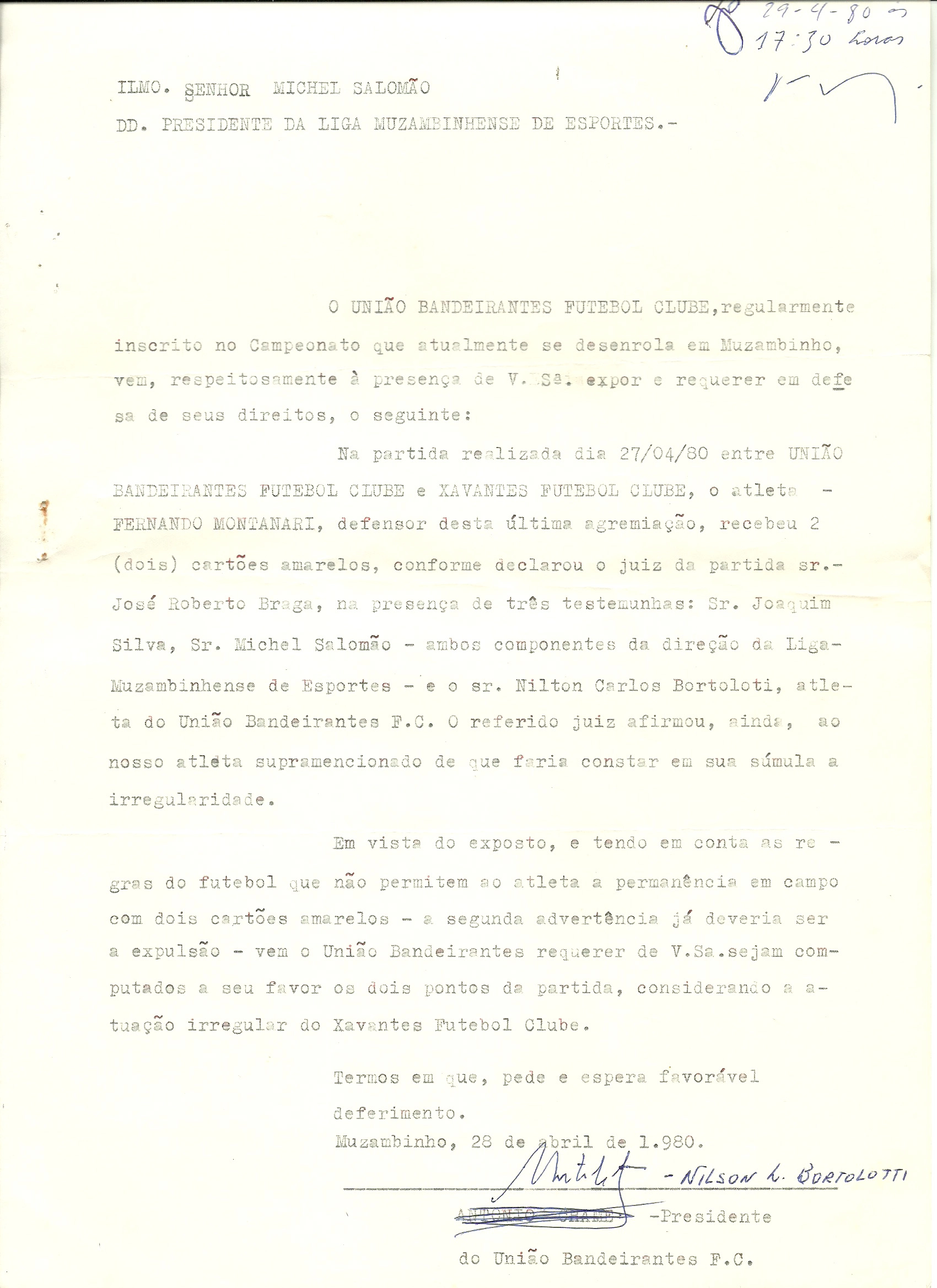 Requerimento do União Bandeirantes solicitando os pontos da partida contra o Xavantes, no Campeonato da Liga de 1980 pelo fato do jogador Fominha, do Xavantes, ter recebido dois cartões amarelos na partida