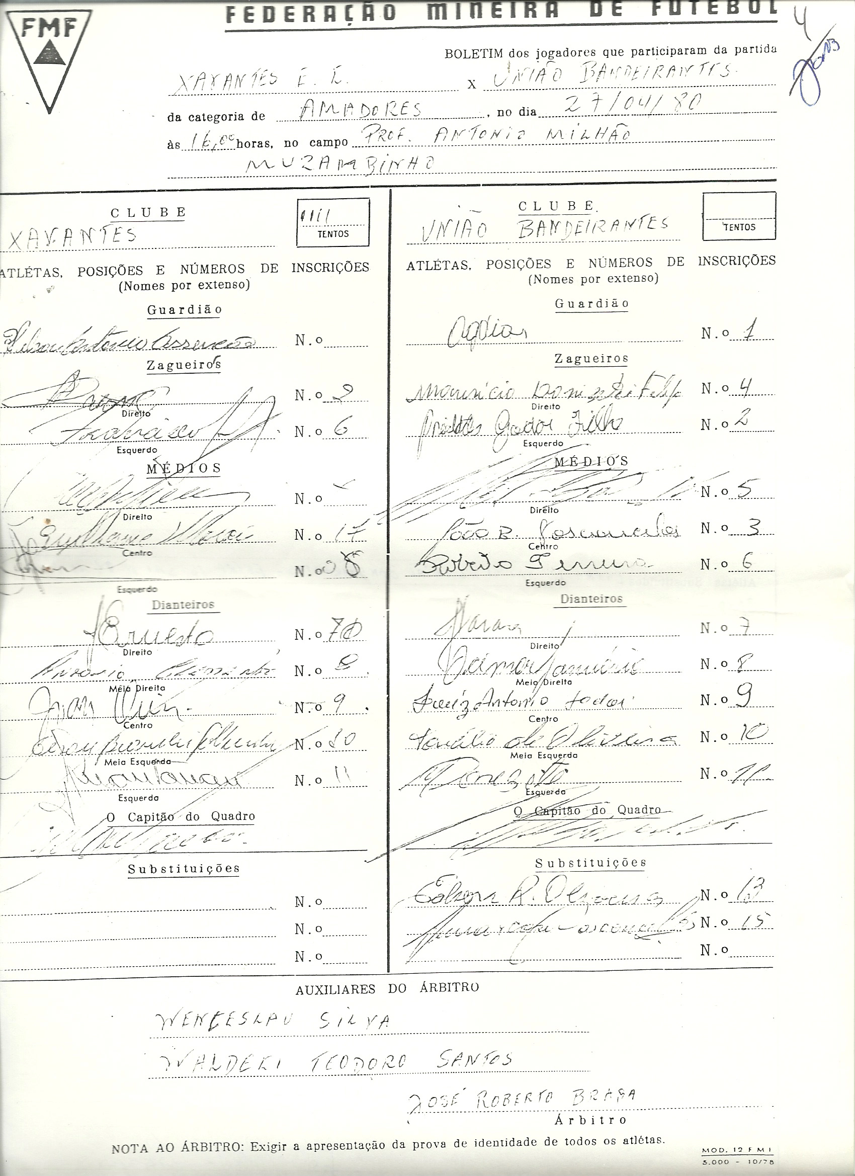 Súmula da partida Xavantes x União Bandeirantes pela Campeonato do Futebol Amador de 1980