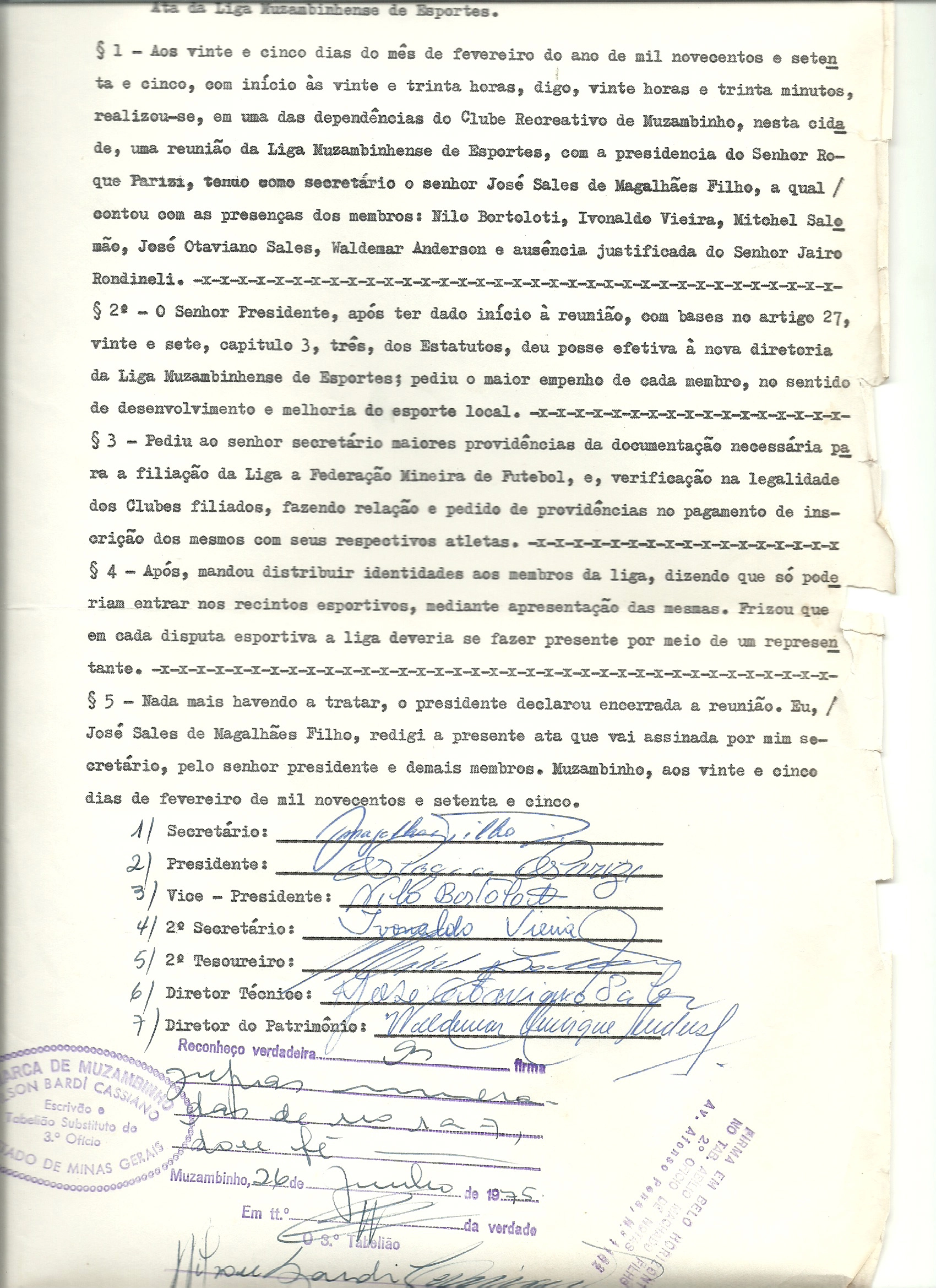 Ata de reunião da Liga Muzambinhense de Futebol em fevereiro de 1975.