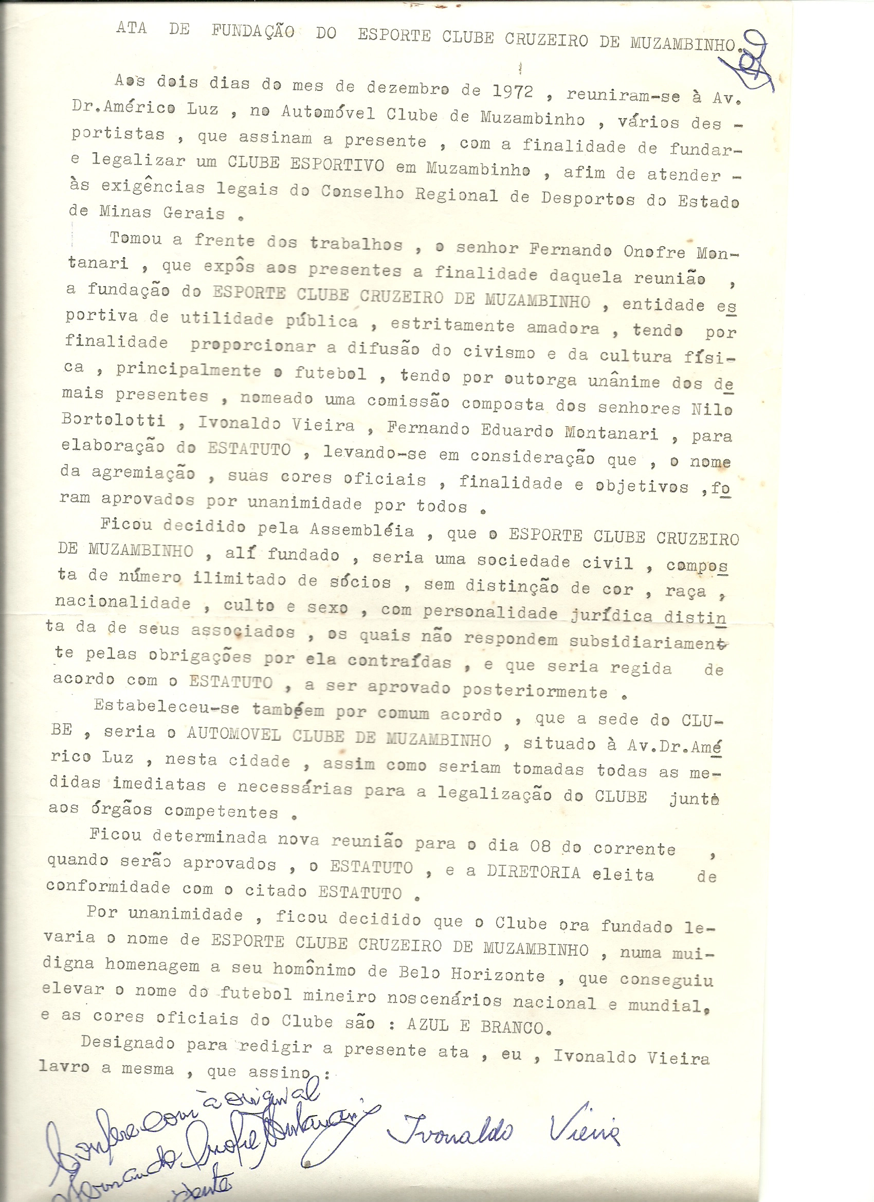 Ata de fundação do Esporte Clube Cruzeiro de Muzambinho. Documento do dia 02 de dezembro de 1972