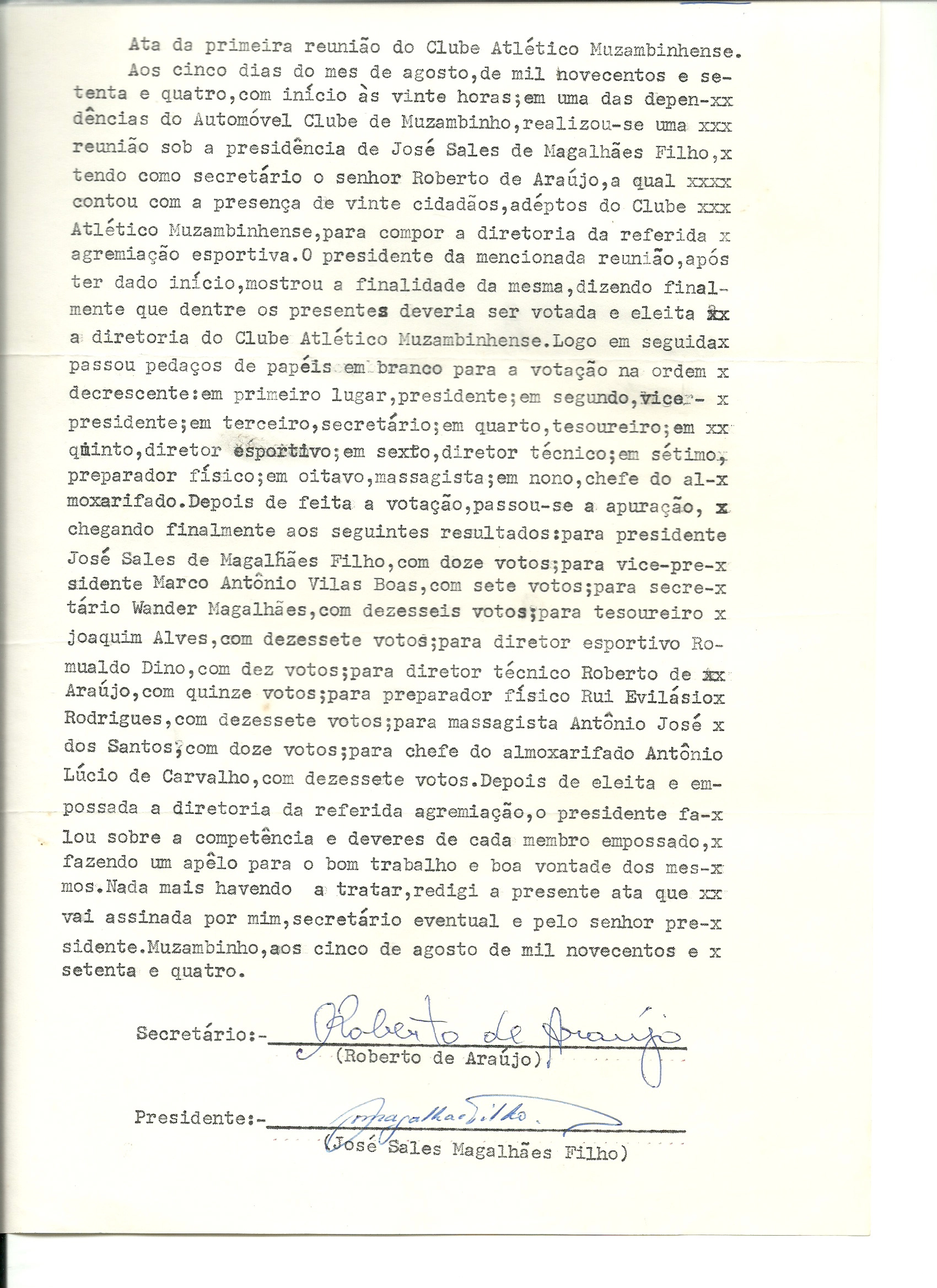 Ata da primeira reunião do Clube Atlético Muzambinhense, em 05 de agosto de 1974.