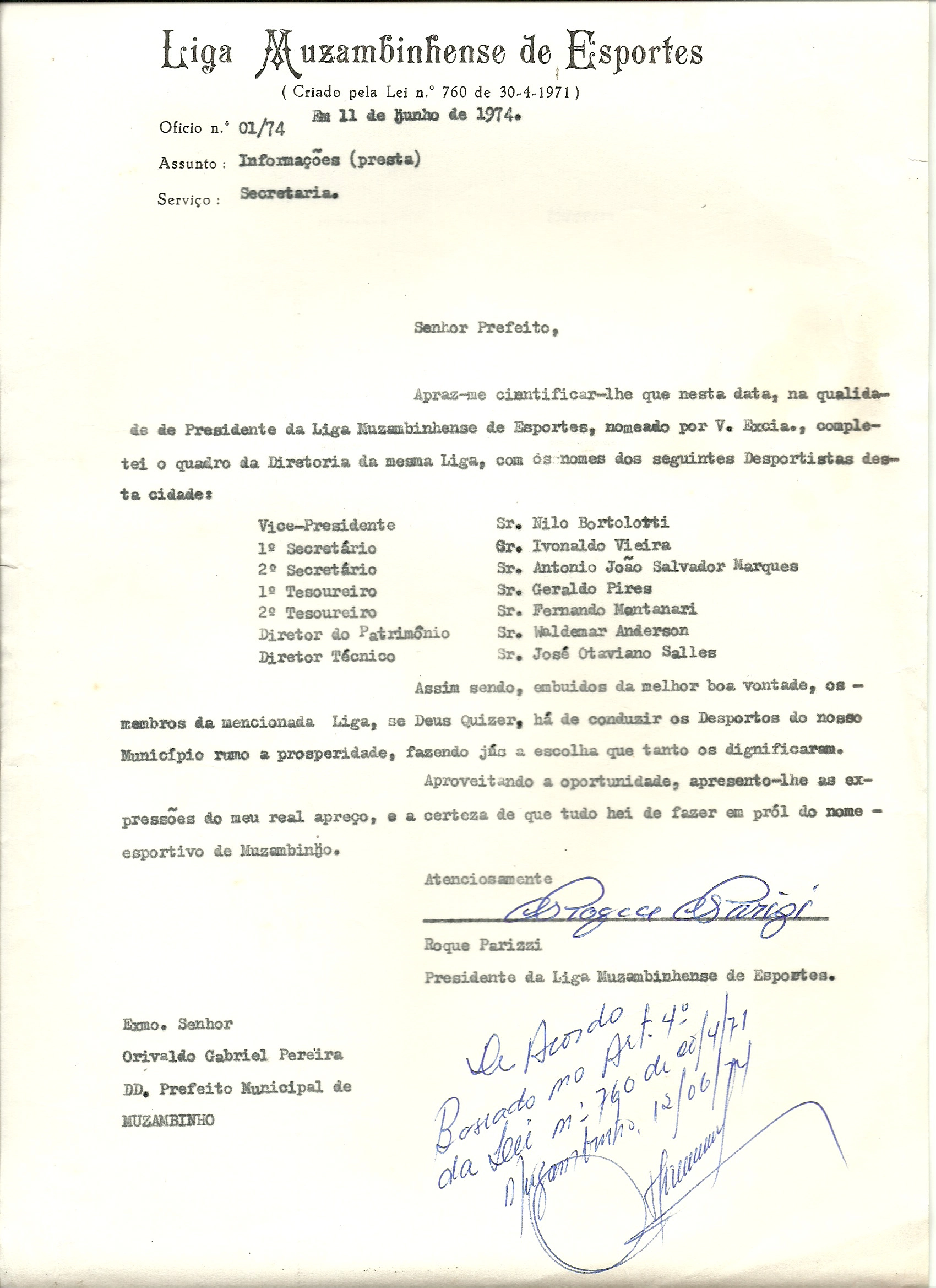 Documento de nomeação da Diretoria da Liga Muzambinhense de Esportes. Documento de 11 de junho de 1974