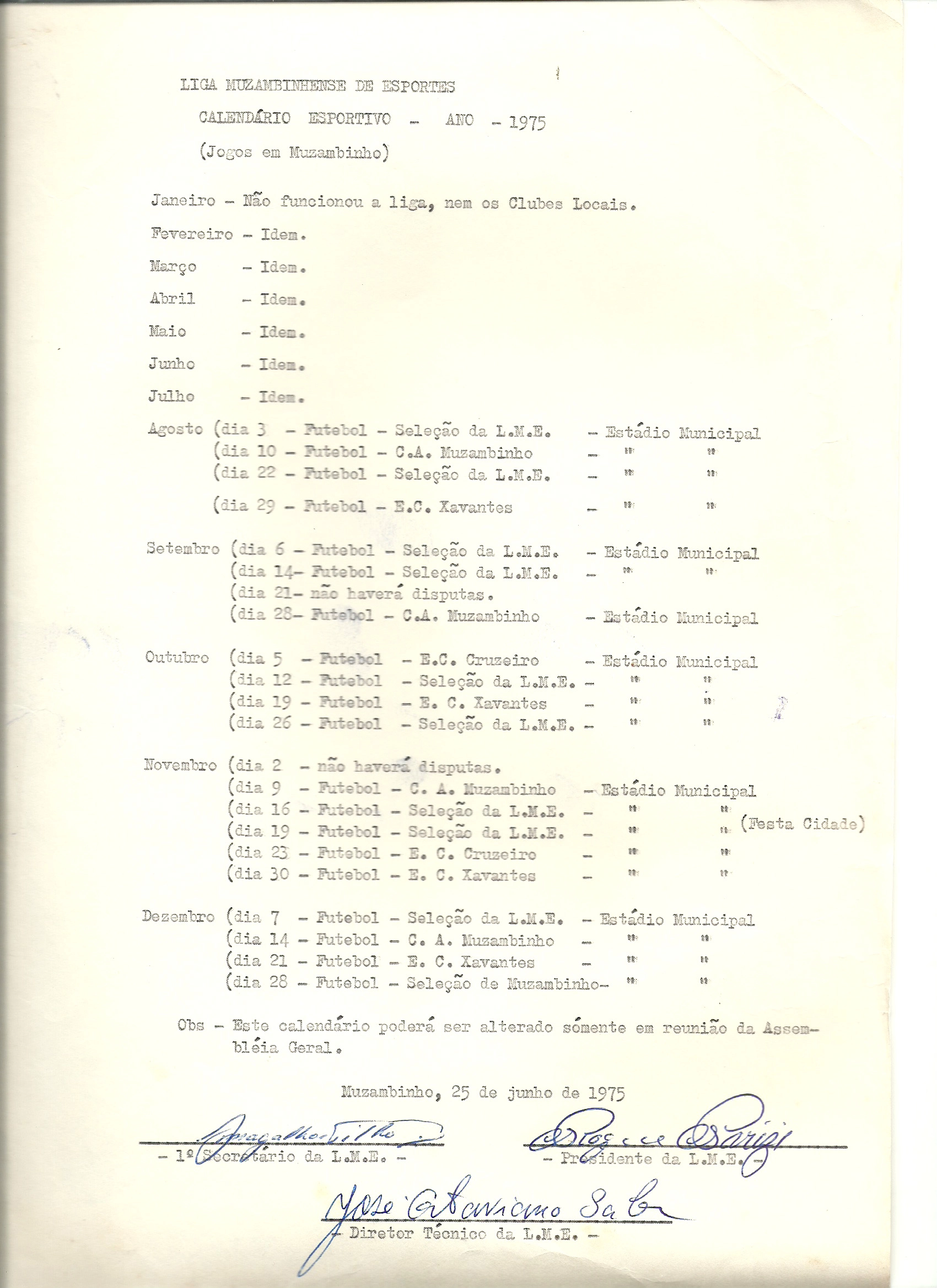 Calendário Esportivo de 1975 da Liga Muzambinhense de Esportes