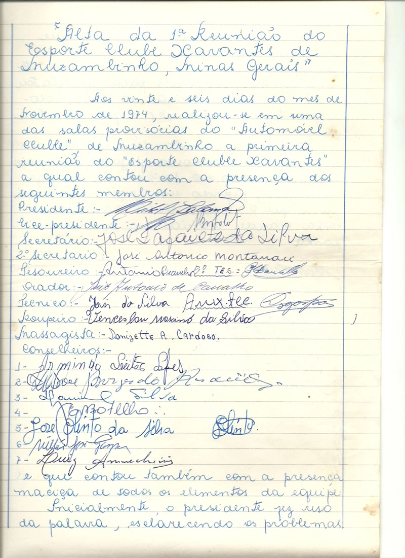 Ata da primeira reunião do EC Xavantes (Parte 1) em 06 de novembro de 1974.