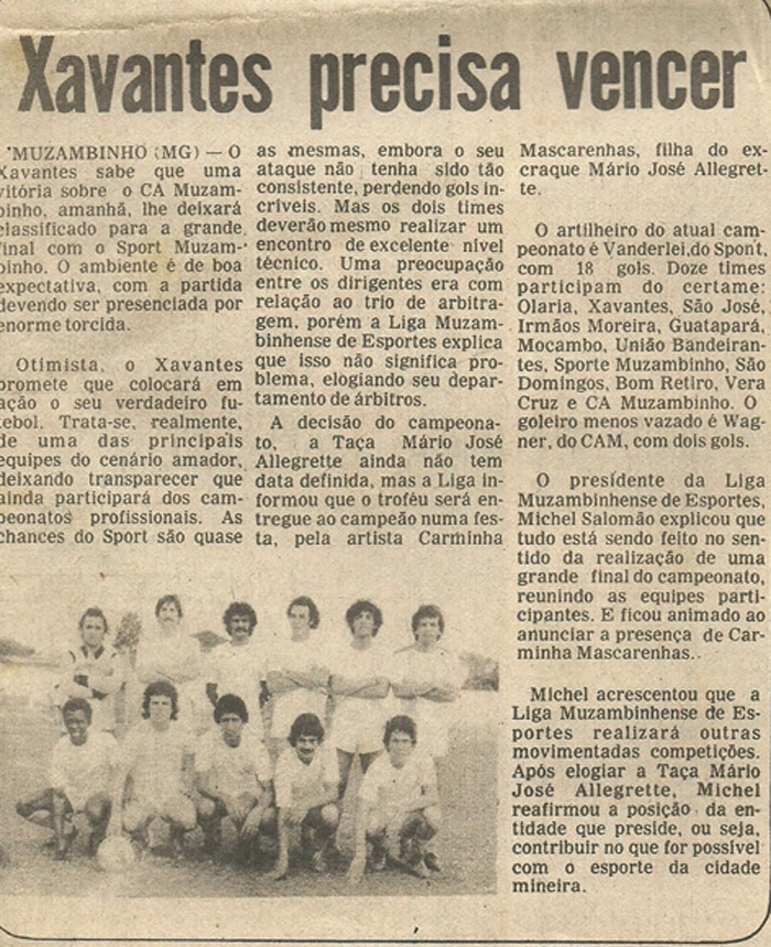 Matéria sobre o jogo entre Xavantes e CA Muzambinho, no Jornal 