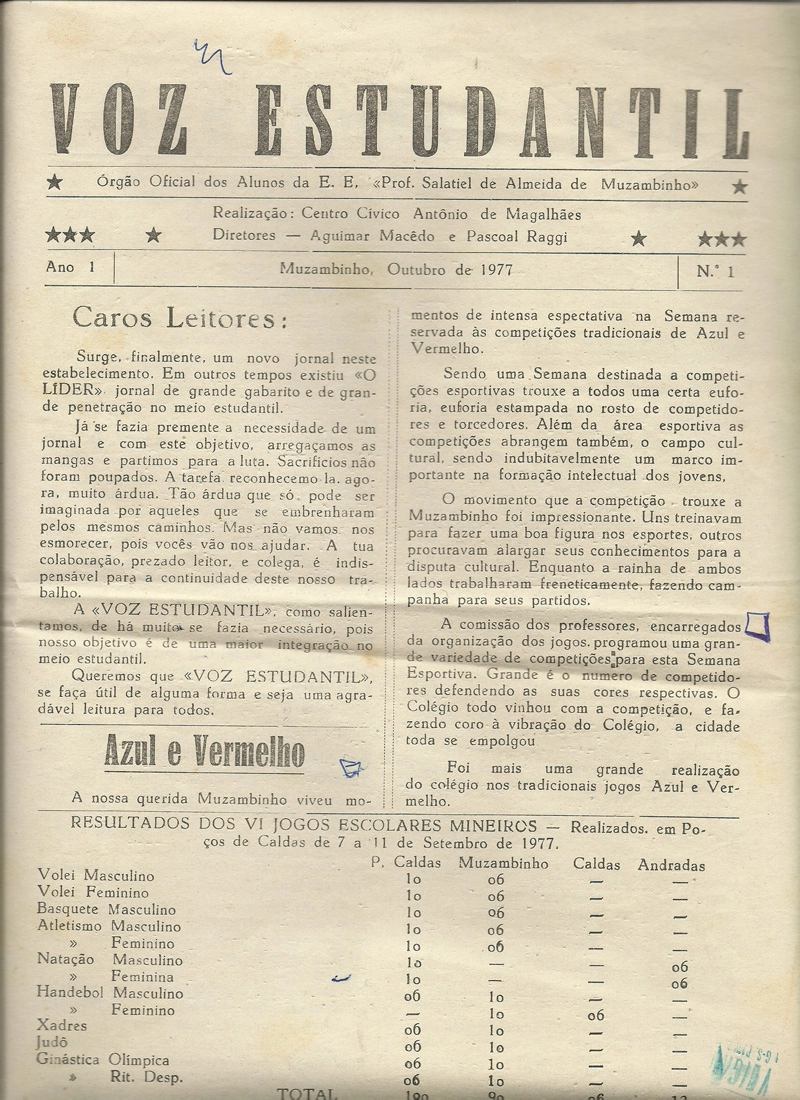 Jornal Voz Estudantil, edição de nº 1, de outubro de 1977. Era o periódico da Escola Estadual Prof. Salatiel de Almeida, de Muzambinho. 