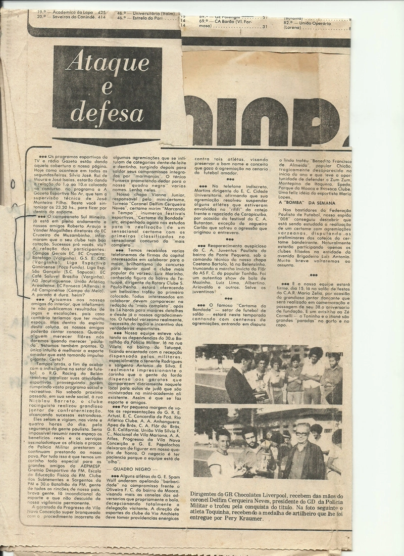 Edição da Gazeta Esportiva de 27 de agosto de 1973 destaca na coluna Ataque e Defesa informações do Campeonato Amador do Sul de Minas, a partir de contato de diretores do Cruzeiro de Muzambinho