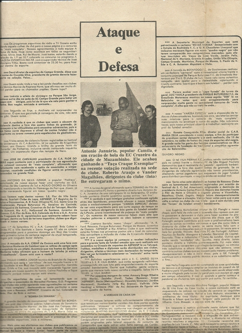 Gazeta Esportiva do dia 20 de agosto de 1973. Em destaque Camila, reconhecido craque do EC Cruzeiro, de Muzambinho