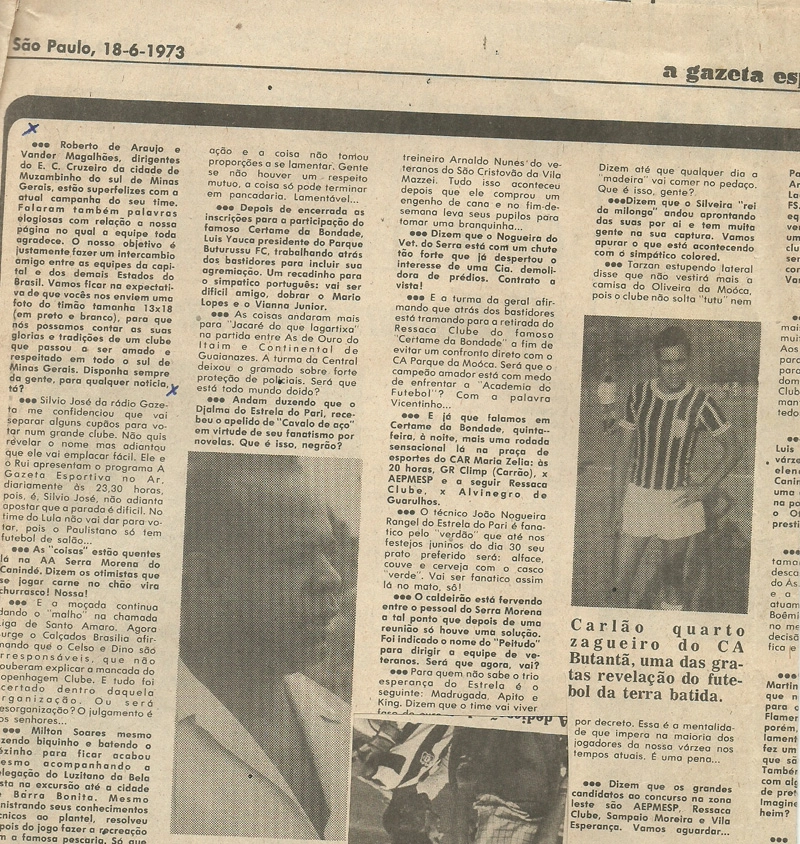 Jornal A Gazeta Esportiva do dia 18 de junho de 1973. Em destaque carta enviada pelos dirigentes do EC Cruzeiro, de Muzambinho. 