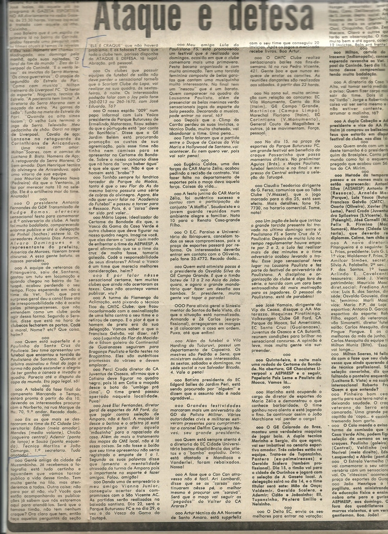 Seção Ataque e Defesa da Gazeta Esportiva do dia 09 de julho de 1973 com mensagem ao futebol muzambinhense